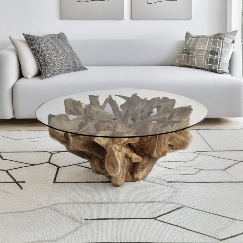 Artekko Munggur Ξύλινο Τραπέζι Σαλονιού από Ρίζα Teak σε Φυσική Απόχρωση (Φ100x51)cm με Τζάμι Φ120cm