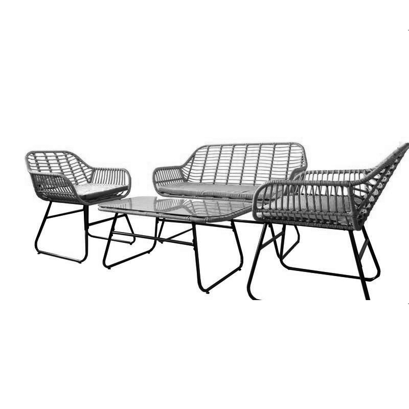 Artekko Σετ/4 πλαστ. rattan διθέσιος καναπές (125x70x79)cm  2 καρέκλες με γκρι μαξιλάρι (67x70x79)cm και τραπεζάκι με τζάμι (100x55x44)cm