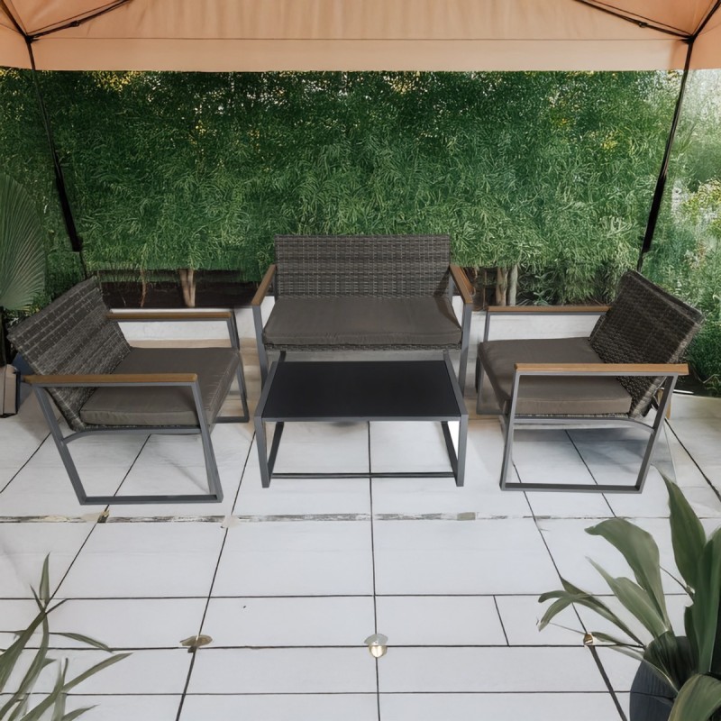 Artekko Rattan Διθέσιος Καναπές (105x65x75)cm 2x Πολυθρόνες (58x60x75)cm Τραπέζι με Τζάμι (84x45x38)cm με Πλαστικ Ρατάν Μεταλλικό Σκελετό και Ξύλο Γκρι Καφέ και Καφέ Μαξιλάρι Σετ/4