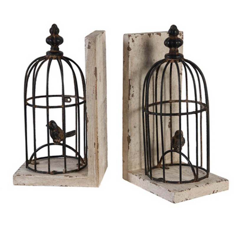 Artekko Birdcage Βιβλιοστάτες με Κλουβιά Μέταλλο Ξύλο (14x11x25)cm Σετ/2