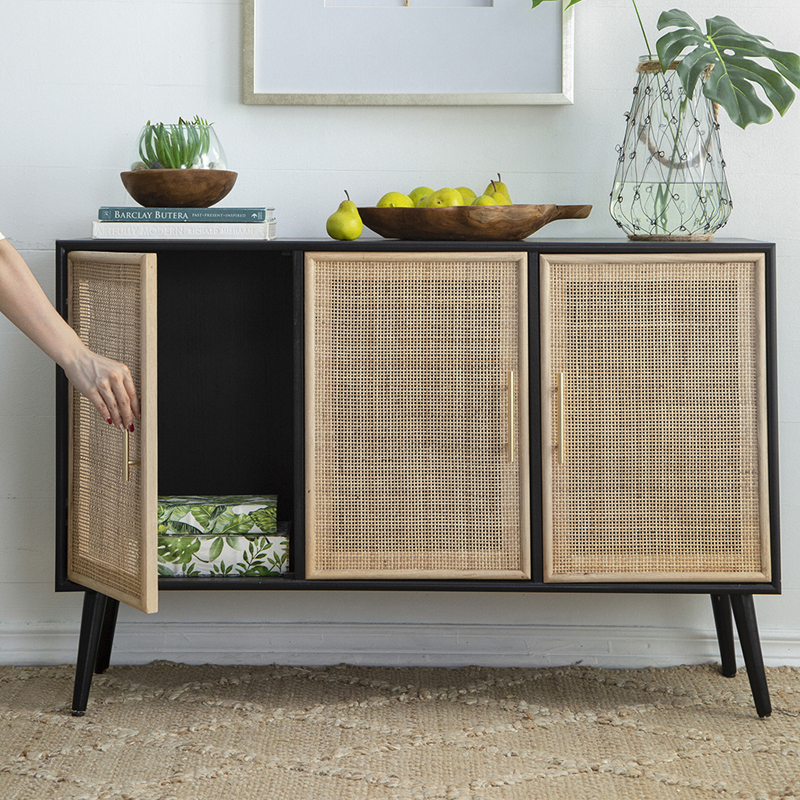 Artekko Cons Μπουφές MDF Ψάθα Μαύρο Φυσική Απόχρωση (120x38x78)cm