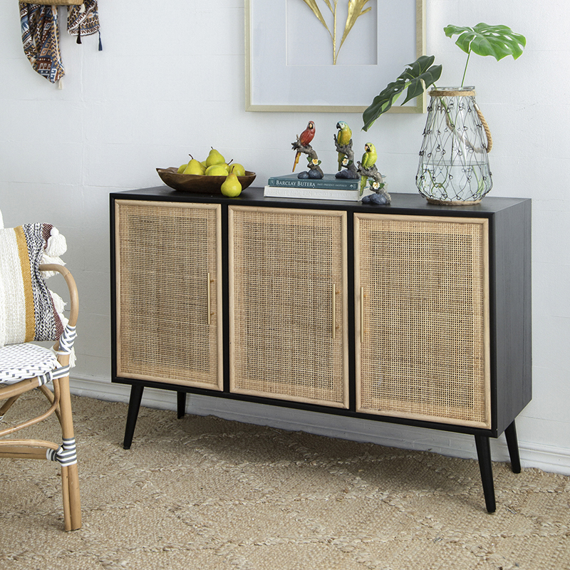 Artekko Cons Μπουφές MDF Ψάθα Μαύρο Φυσική Απόχρωση (120x38x78)cm