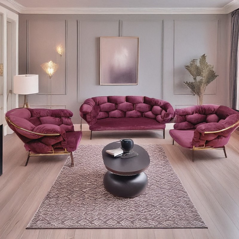 Artekko Balon Βελούδινο Μπορντό Σαλόνι με Διθέσιο Καναπέ και 2 Πολυθρόνες (135x65x80)cm (75x65x80)cm