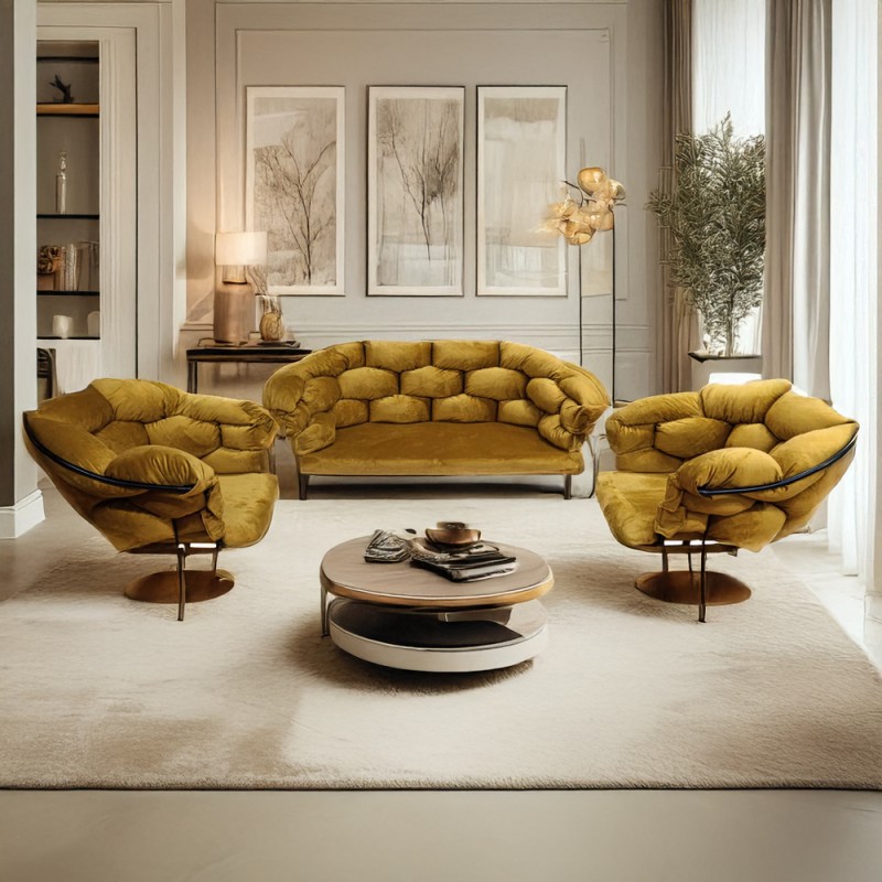 Artekko Balon Βελούδινο Σετ Σαλονιού σε Ώχρα Διθέσιος Καναπές (135x60x80)cm 2pcs Πολυθρόνες (75x60x80)cm με Μαύρο Μεταλλικό Σκελετό