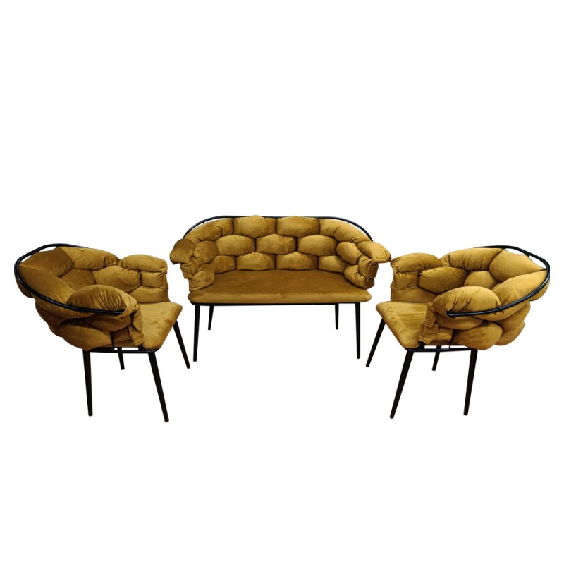 Artekko Balon Βελούδινο Σετ Σαλονιού σε Ώχρα Διθέσιος Καναπές (135x60x80)cm 2pcs Πολυθρόνες (75x60x80)cm με Μαύρο Μεταλλικό Σκελετό