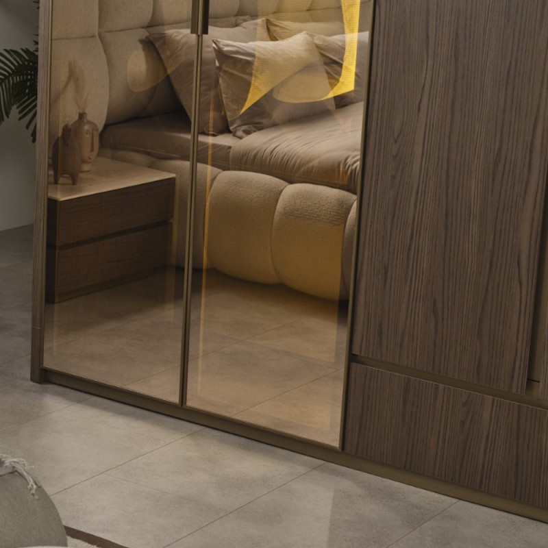 Artekko Midnight Εκρού Υφασμάτινο Διπλό Κρεβάτι (260x230x125)cm για Στρώμα(180x200) MDF 2pcs Κομοδίνα (65x48x40)cm Ντουλάπα με Καθρέπτη και Φωτισμό (270x63x230)cm Συρταριέρα (160x48x78)cm και Καθρέπτη (90x90x5)cm