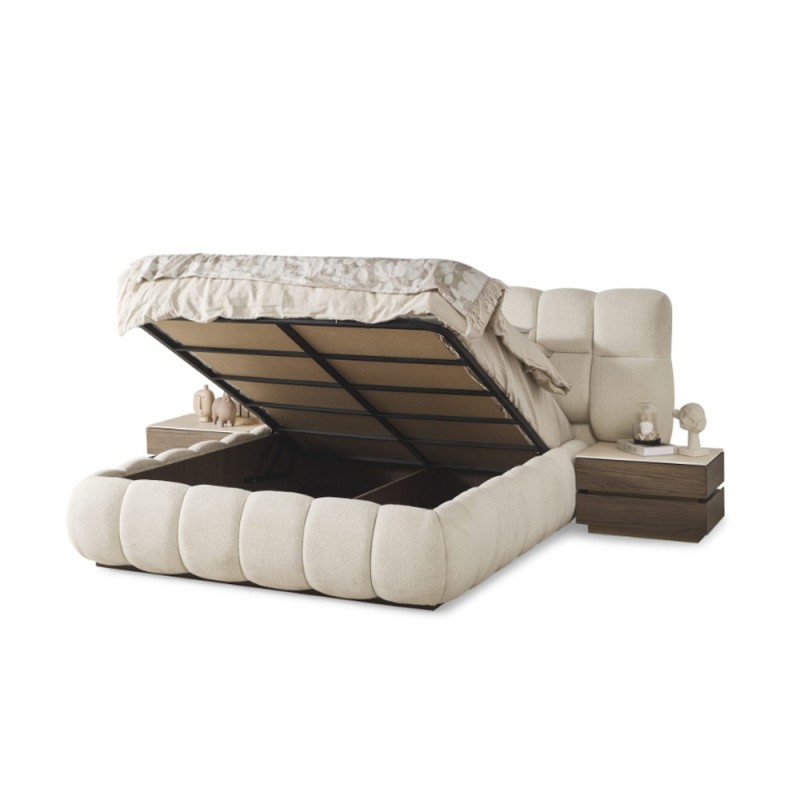 Artekko Midnight Εκρού Υφασμάτινο Διπλό Κρεβάτι (260x230x125)cm για Στρώμα(180x200) MDF 2pcs Κομοδίνα (65x48x40)cm Ντουλάπα με Καθρέπτη και Φωτισμό (270x63x230)cm Συρταριέρα (160x48x78)cm και Καθρέπτη (90x90x5)cm