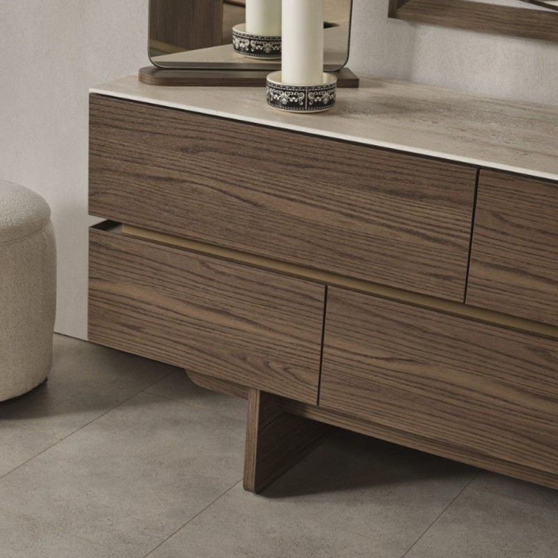 Artekko Midnight Εκρού Υφασμάτινο Διπλό Κρεβάτι (260x230x125)cm για Στρώμα(180x200) MDF 2pcs Κομοδίνα (65x48x40)cm Ντουλάπα με Καθρέπτη και Φωτισμό (270x63x230)cm Συρταριέρα (160x48x78)cm και Καθρέπτη (90x90x5)cm