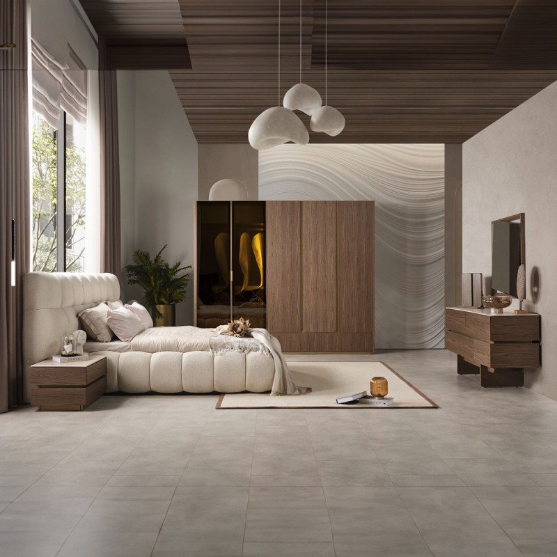 Artekko Midnight Εκρού Υφασμάτινο Διπλό Κρεβάτι (260x230x125)cm για Στρώμα(180x200) MDF 2pcs Κομοδίνα (65x48x40)cm Ντουλάπα με Καθρέπτη και Φωτισμό (270x63x230)cm Συρταριέρα (160x48x78)cm και Καθρέπτη (90x90x5)cm