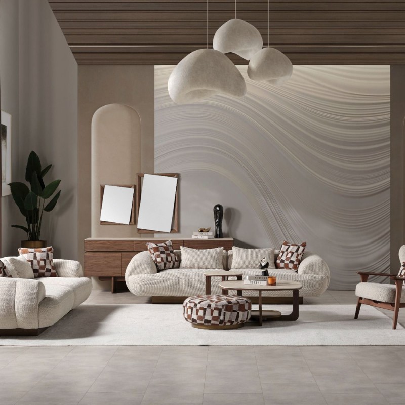 Artekko Stone Καφέ Μπουφές MDF με Όψη Πέτρας στην Επιφάνεια (210x48x79)cm με 2 Καθρέπτες (90x90x5)cm (60x50x5)cm 3pcs