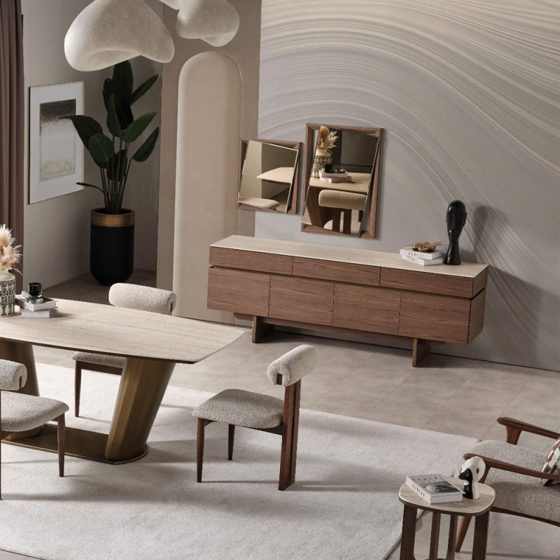 Artekko Stone Καφέ Μπουφές MDF με Όψη Πέτρας στην Επιφάνεια (210x48x79)cm με 2 Καθρέπτες (90x90x5)cm (60x50x5)cm 3pcs