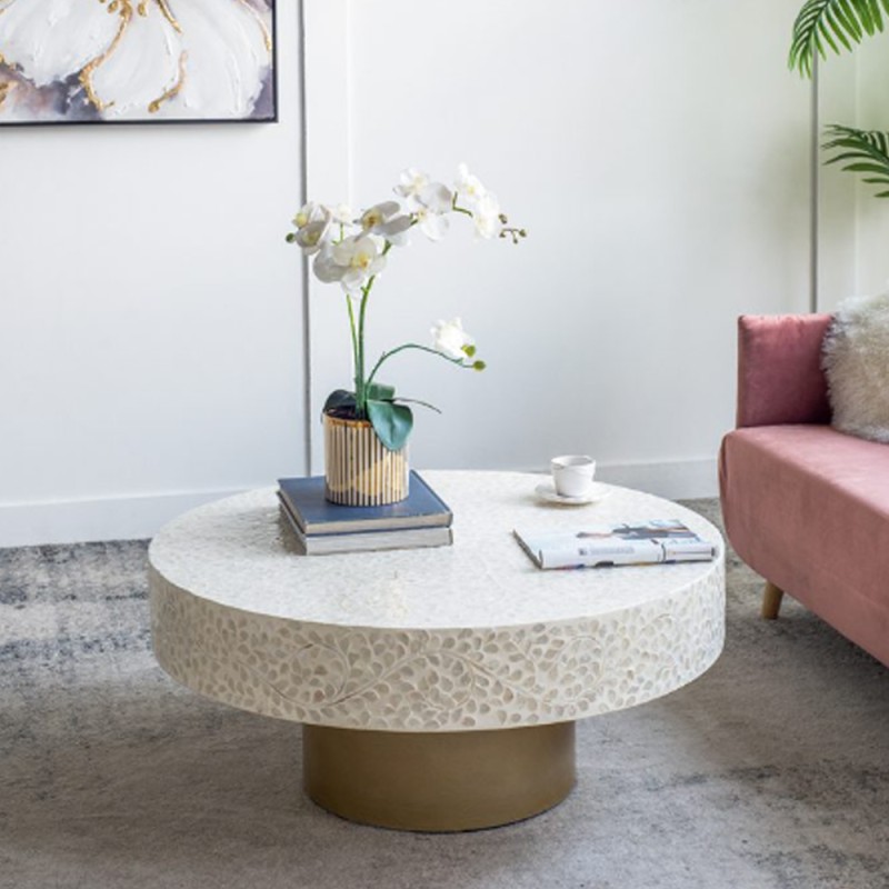 Artekko Ivory Τραπέζι Σαλονιού MDF Capiz Άσπρο Μπεζ (89x89x41)cm