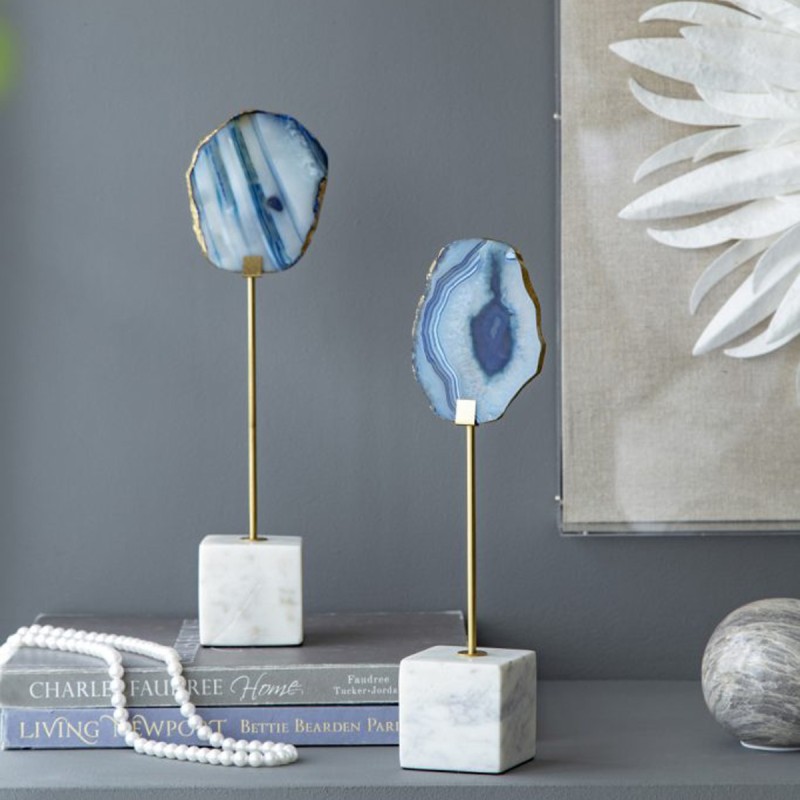 Artekko Agate Επιτραπέζια Διακοσμητικά με Μπλε Αχάτη σε Μαρμάρινη Βάση (10x6.5x36)cm 2pcs