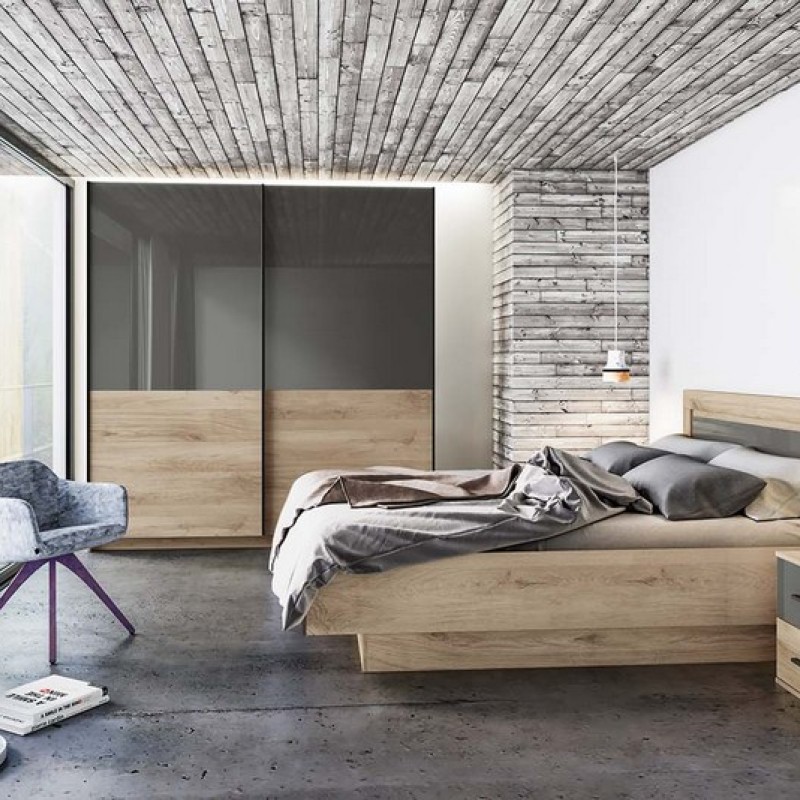 Artekko Jaom Κρεβάτι 160x200 με 2 Κομοδίνα και Ντουλάπα Σετ/4  Σημύδα-Γκρί  (165x206x96)cm