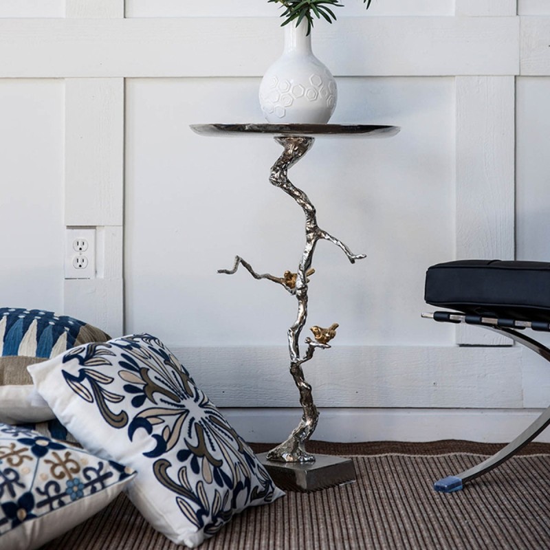 Artekko Branch Ασημί Μεταλλικό Βοηθητικό Τραπέζι με Χρυσές Λεπτομέρειες (43x43x71)cm