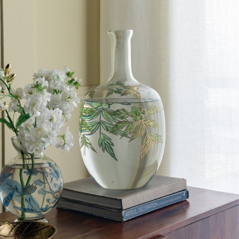 Artekko Aphelios Διάφανο Γυάλινο Βάζο Διακοσμημένο με Πράσινα Λουλούδια (23x23x42)cm