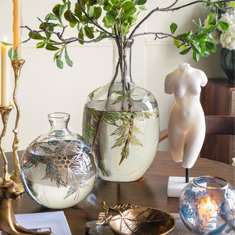 Artekko Aphelios Διάφανο Γυάλινο Βάζο Διακοσμημένο με Πράσινα Λουλούδια (23x23x42)cm