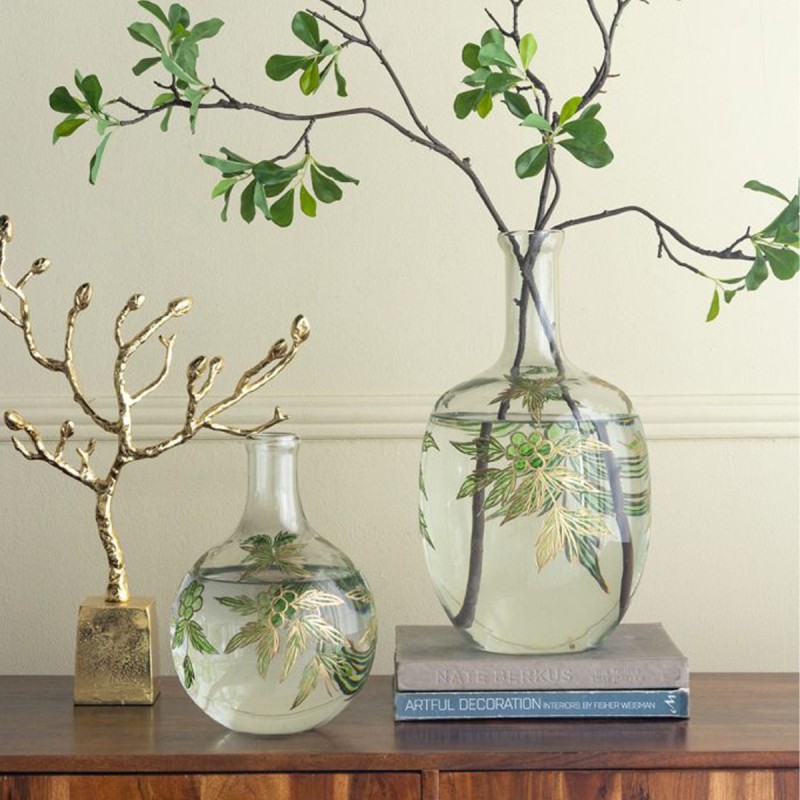 Artekko Aphelios Διάφανο Γυάλινο Βάζο Διακοσμημένο με Πράσινα Λουλούδια (23x23x42)cm