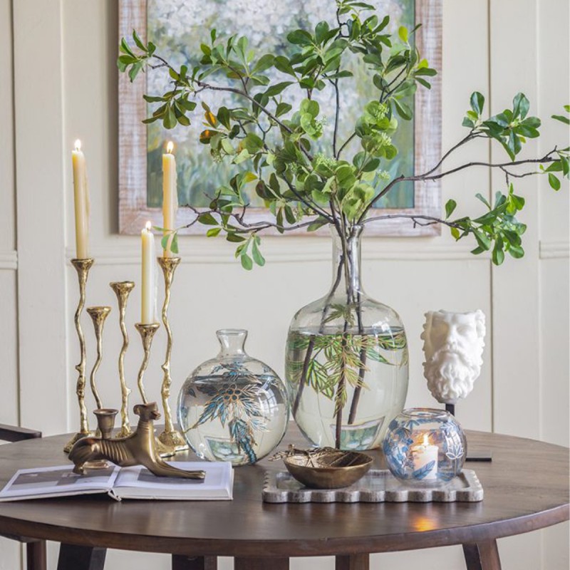 Artekko Aphelios Διάφανο Γυάλινο Βάζο Διακοσμημένο με Πράσινα Λουλούδια (23x23x42)cm