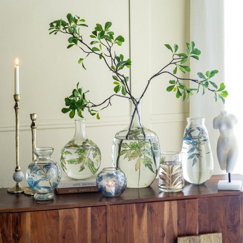 Artekko Aphelios Διάφανο Γυάλινο Βάζο Διακοσμημένο με Πράσινα Λουλούδια (23x23x42)cm