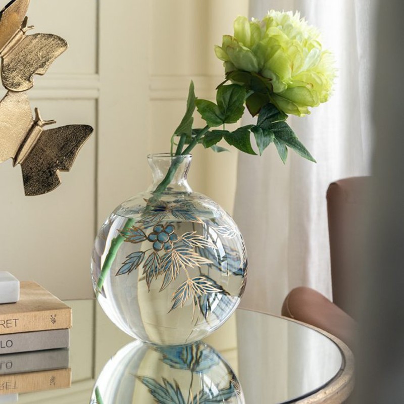 Artekko Aphelios Διάφανο Γυάλινο Βάζο Διακοσμημένο με Μπλε Λουλούδια (20.3x20.3x22.9)cm