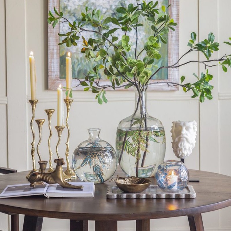 Artekko Aphelios Διάφανο Γυάλινο Βάζο Διακοσμημένο με Μπλε Λουλούδια (20.3x20.3x22.9)cm