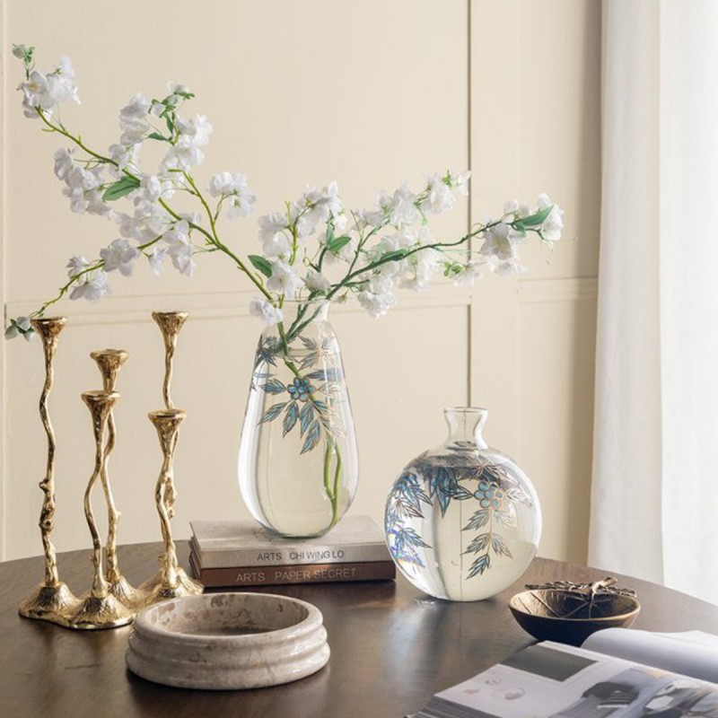 Artekko Aphelios Διάφανο Γυάλινο Βάζο Διακοσμημένο με Μπλε Λουλούδια (20.3x20.3x22.9)cm