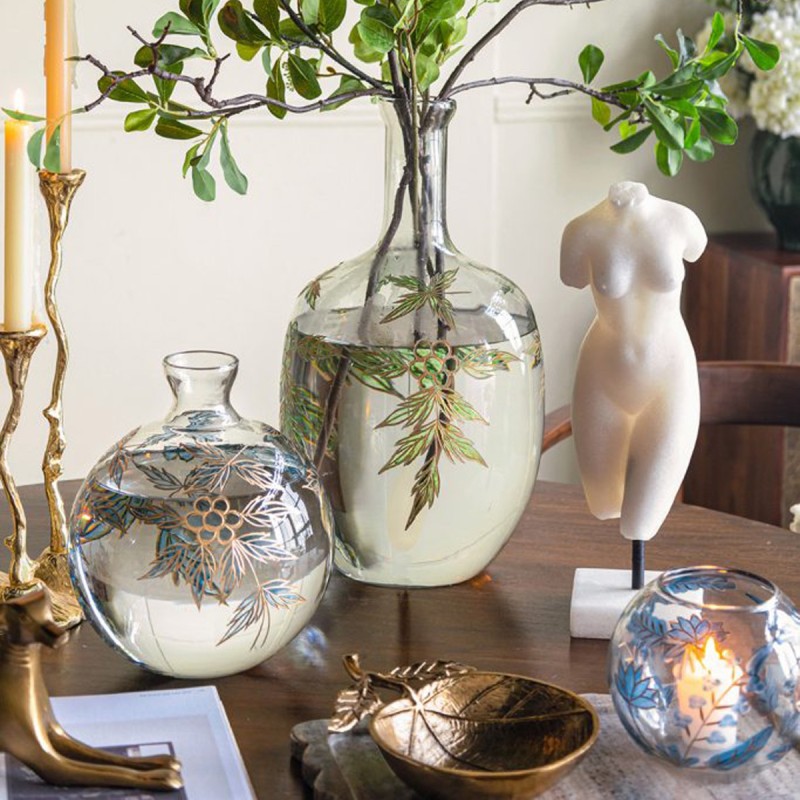 Artekko Aphelios Διάφανο Γυάλινο Βάζο Διακοσμημένο με Μπλε Λουλούδια (20.3x20.3x22.9)cm