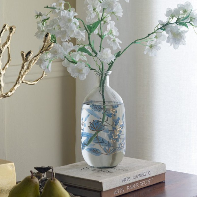 Artekko Aphelios Διάφανο Γυάλινο Βάζο Διακοσμημένο με Μπλε Λουλούδια (11.5x11.5x25.5)cm