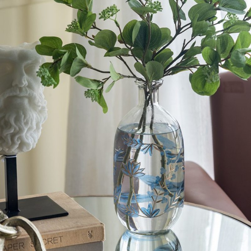 Artekko Aphelios Διάφανο Γυάλινο Βάζο Διακοσμημένο με Μπλε Λουλούδια (11.5x11.5x25.5)cm