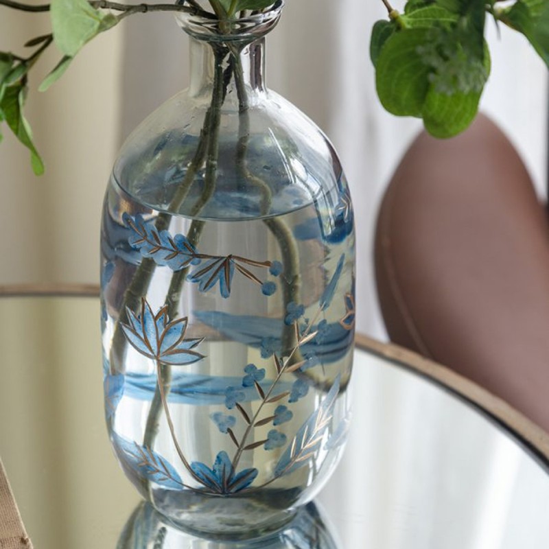 Artekko Aphelios Διάφανο Γυάλινο Βάζο Διακοσμημένο με Μπλε Λουλούδια (11.5x11.5x25.5)cm