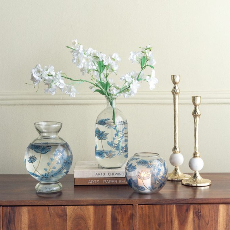 Artekko Aphelios Διάφανο Γυάλινο Βάζο Διακοσμημένο με Μπλε Λουλούδια (11.5x11.5x25.5)cm