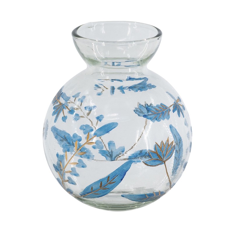 Artekko Aphelios Διάφανο Γυάλινο Βάζο Διακοσμημένο με Μπλε Λουλούδια (15x15x21.6)cm