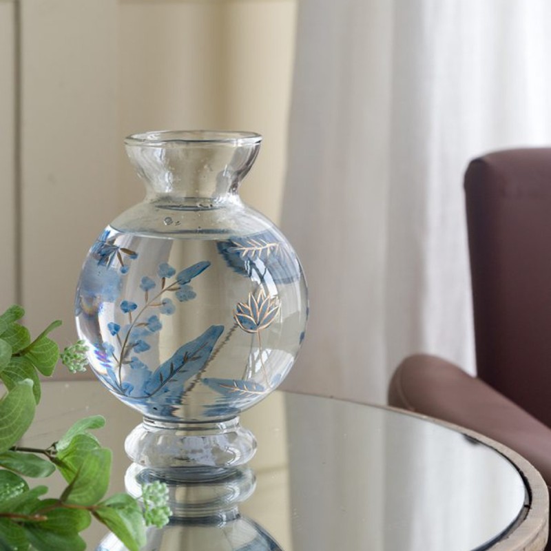 Artekko Aphelios Διάφανο Γυάλινο Βάζο Διακοσμημένο με Μπλε Λουλούδια (15x15x21.6)cm