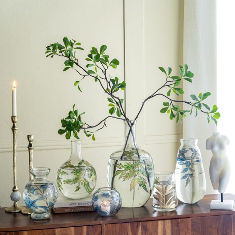 Artekko Aphelios Διάφανο Γυάλινο Βάζο Διακοσμημένο με Μπλε Λουλούδια (15x15x21.6)cm