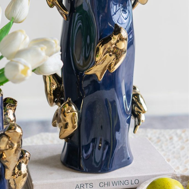 Artekko Bird Μπλε Κεραμικό Βάζο με Χρυσά Πουλιά (20.5x20.5x39.5)cm