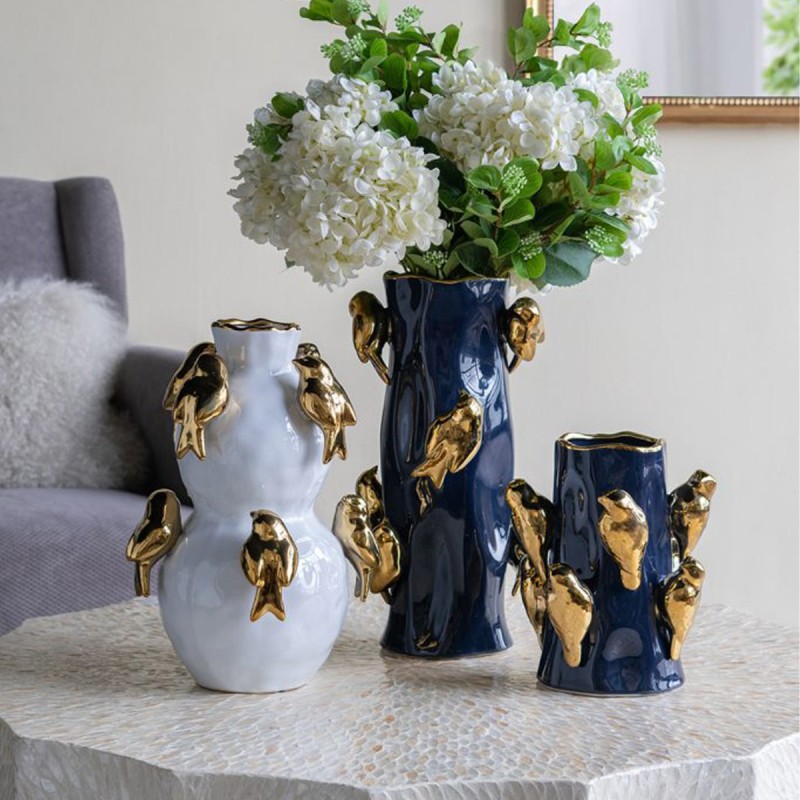 Artekko Bird Μπλε Κεραμικό Βάζο με Χρυσά Πουλιά (20.5x20.5x39.5)cm