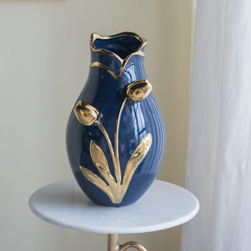 Artekko Glazed Μπλε Κεραμικό Βάζο με Χρυσές Λεπτομέρειες (20x20x34.5)cm