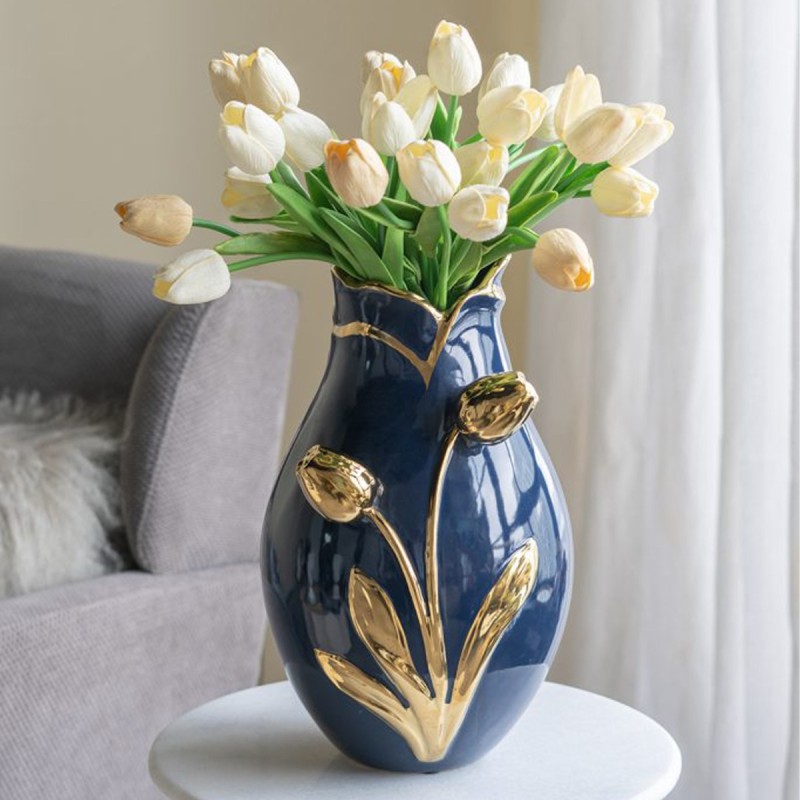 Artekko Glazed Μπλε Κεραμικό Βάζο με Χρυσές Λεπτομέρειες (20x20x34.5)cm