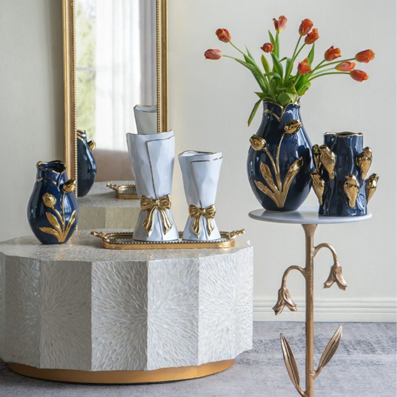 Artekko Glazed Μπλε Κεραμικό Βάζο με Χρυσές Λεπτομέρειες (20x20x34.5)cm