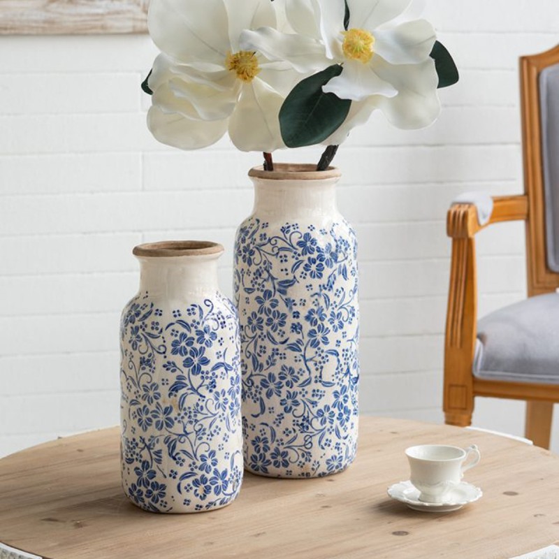 Artekko Aging Λευκό Κεραμικό Βάζο με Μπλε Λουλούδια (16x16x38.7)cm