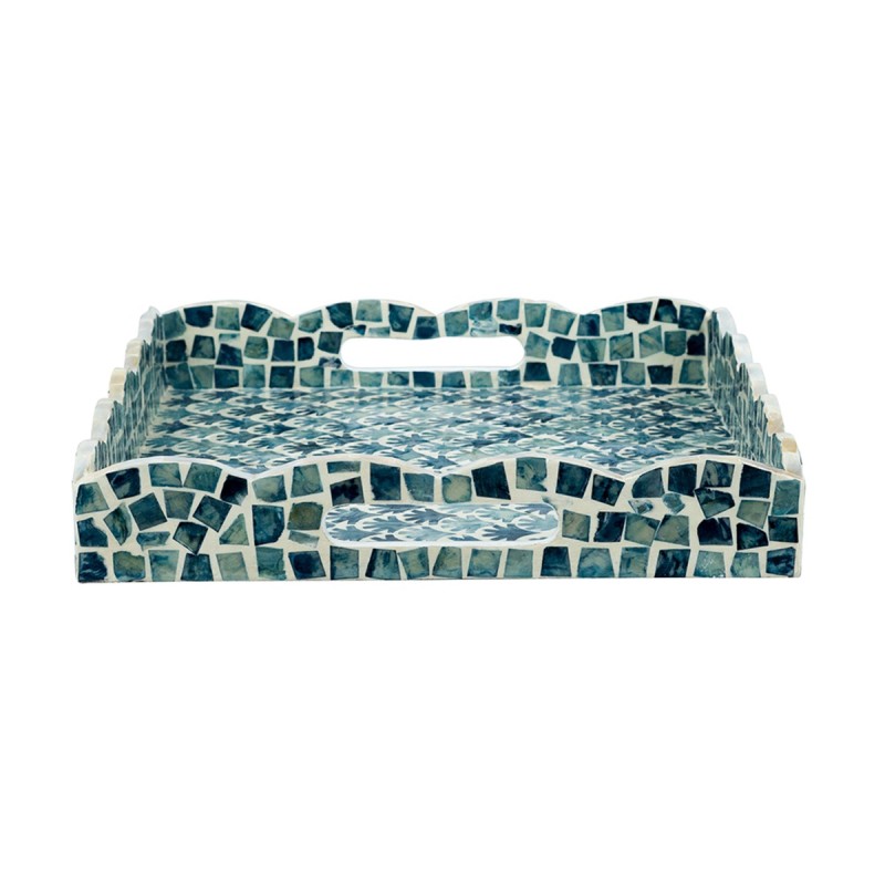 Artekko Ivory Διακοσμητικός Δίσκος από MDF και Capiz σε Λευκό με Μπλε (40x32.5x5)cm