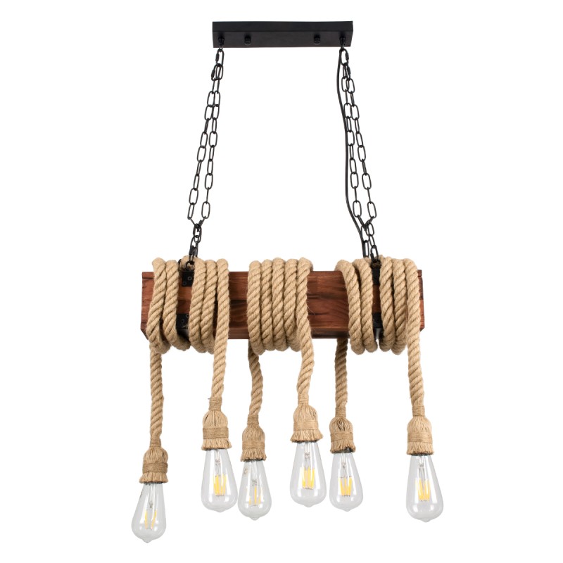 GloboStar® VIKING 00606 Vintage Κρεμαστό Φωτιστικό Οροφής Πολύφωτο 6 x E27 Σκούρο Καφέ Μεταλλικό Ξύλινο Ράγα Μ53 x Π11 x Υ96cm έως Y220cm max
