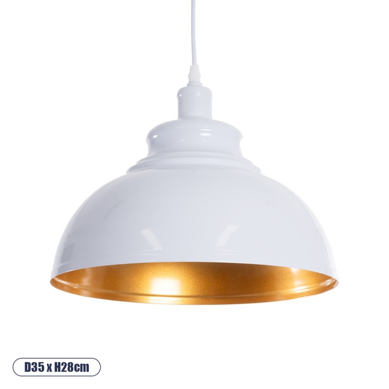 GloboStar® ANDY 00999 Μοντέρνο Κρεμαστό Φωτιστικό Οροφής Μονόφωτο AC220-240V IP20 - Φ35 x Υ28cm - Λευκό Χρυσό Μεταλλικό Καμπάνα