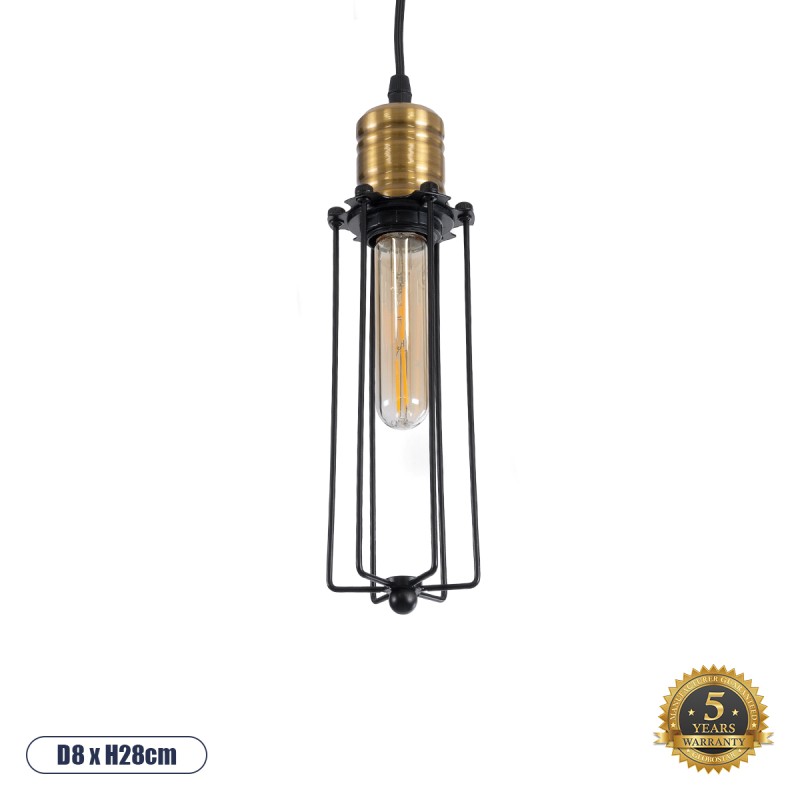 GloboStar® KLECE 01057 Vintage Industrial Κρεμαστό Φωτιστικό Οροφής Μονόφωτο 1 x E27 AC220-240V - Φ8 x Υ28cm - Μαύρο Μεταλλικό Πλέγμα