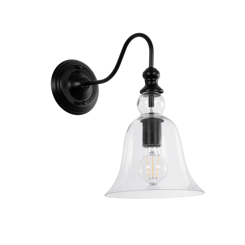 GloboStar® LILLY 01064 Vintage Φωτιστικό Τοίχου - Απλίκα Μονόφωτο 1 x E27 AC 220-240V IP20 - Μ38 x Π20 x Υ37cm - Μαύρο Μεταλλικό με Γυάλινη Καμπάνα