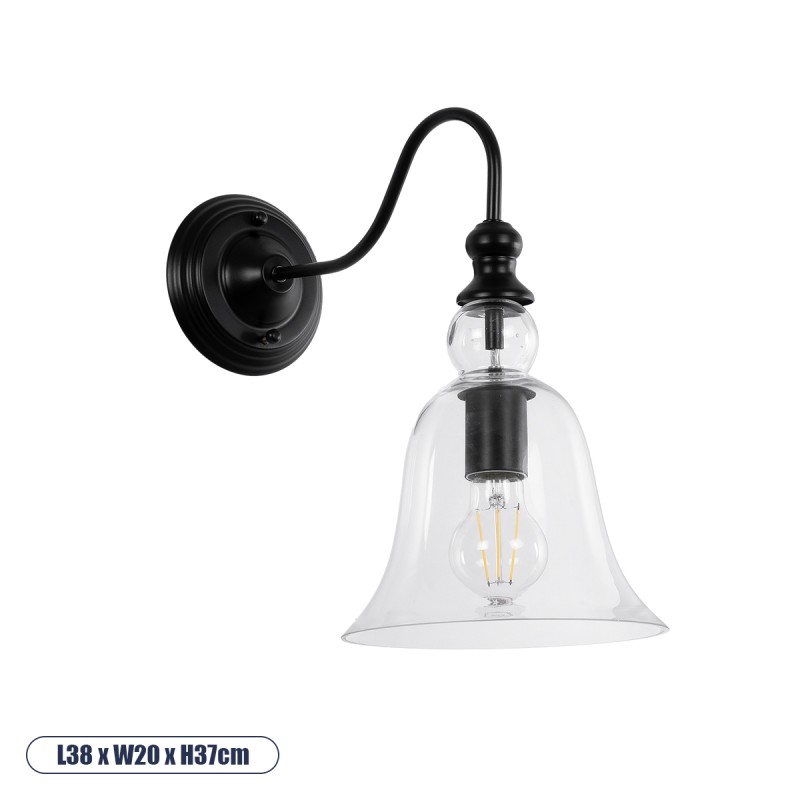 GloboStar® LILLY 01064 Vintage Φωτιστικό Τοίχου - Απλίκα Μονόφωτο 1 x E27 AC 220-240V IP20 - Μ38 x Π20 x Υ37cm - Μαύρο Μεταλλικό με Γυάλινη Καμπάνα