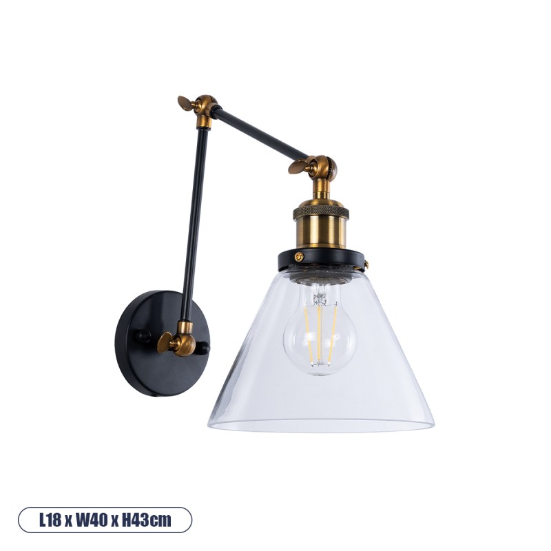 GloboStar® OLIVIA 01068 Vintage Φωτιστικό Τοίχου - Απλίκα Μονόφωτο 1 x E27 AC 220-240V IP20 - Μ18 x Π40 x Υ43cm - με Σπαστό Μεταλλικό Βραχίονα και Γυάλινη Καμπάνα