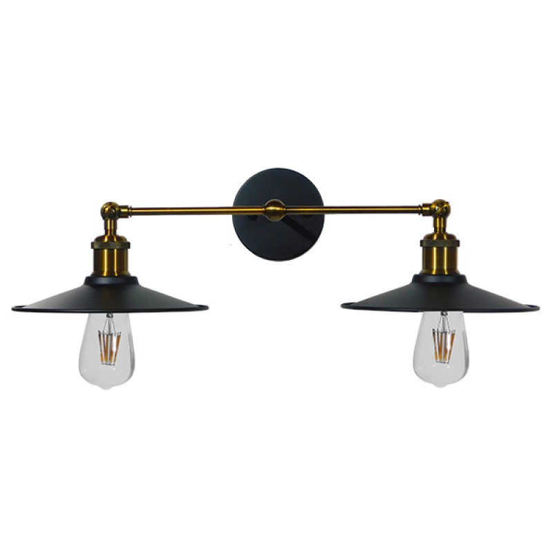 GloboStar® MINIMALL 01069 Vintage Industrial Φωτιστικό Τοίχου Απλίκα Δίφωτο Μαύρο Μεταλλικό Καμπάνα Φ21 x Μ30 x Π60 x Υ18cm