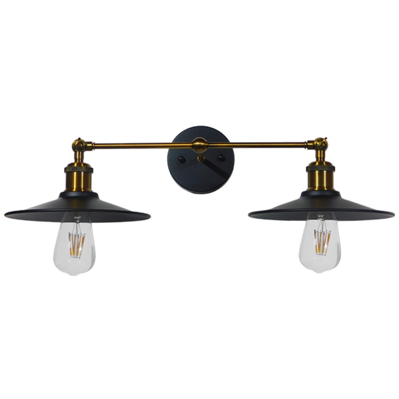 GloboStar® MINIMALL 01069 Vintage Industrial Φωτιστικό Τοίχου Απλίκα Δίφωτο Μαύρο Μεταλλικό Καμπάνα Φ21 x Μ30 x Π60 x Υ18cm